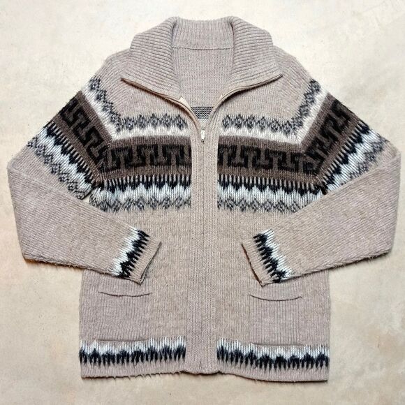 Vintage Cowichan Sweater Size Medium/Large Beige Full Zip Cardigan Aztec Knit - Picture 1 of 8